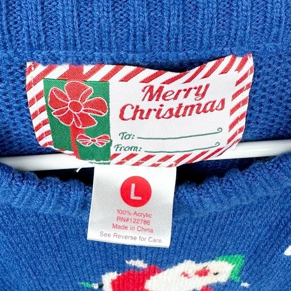 Blue Embroidered Ho Ho Ho Ugly Merry Christmas Sweater Size Large - Picture 3 of 6